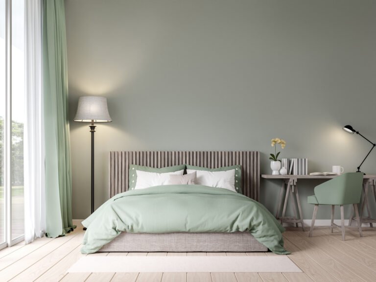 Bedroom in pastel green color with garden view 3D render , the room has wooden floors, empty painted walls, green fabric furniture, large windows with natural views.