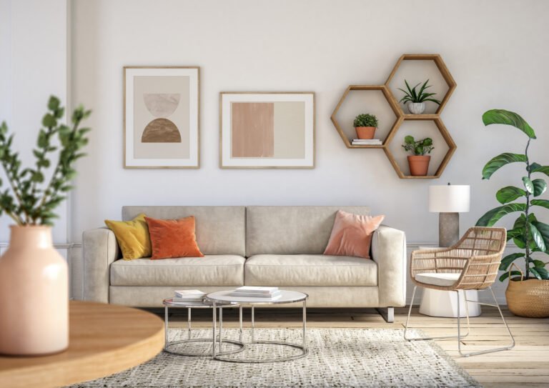 Bohemian living room interior 3d render with  beige colored furniture and wooden elements